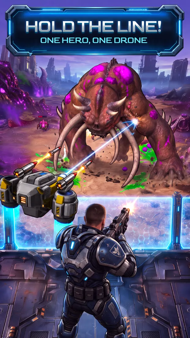 Store screenshot captioned Hold the line! One hero, one drone: the marine and his drone fire from behind a shield at a charging tusked boss.