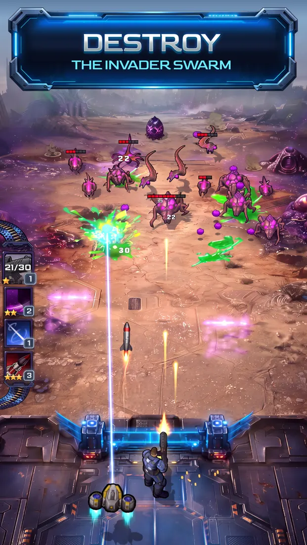 Store screenshot captioned Destroy the invader swarm: top-down battle, the marine at the bottom of a desert lane shooting into a wave of purple aliens.