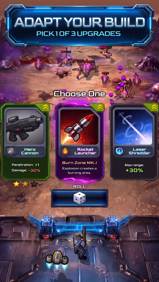 Store screenshot captioned Adapt your build, pick 1 of 3 upgrades: a Choose One screen with three tech cards and a dice reroll button.