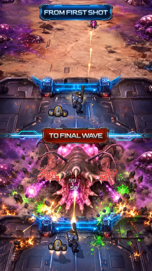Store screenshot captioned From first shot to final wave: the defended wall at the bottom, a swarm and a large alien boss further up the lane.