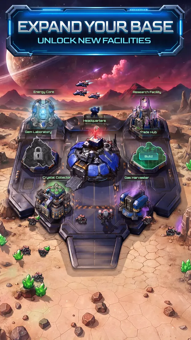 Store screenshot captioned Expand your base, unlock new facilities: the colony base with its energy core, laboratory, crystal mine and command buildings.