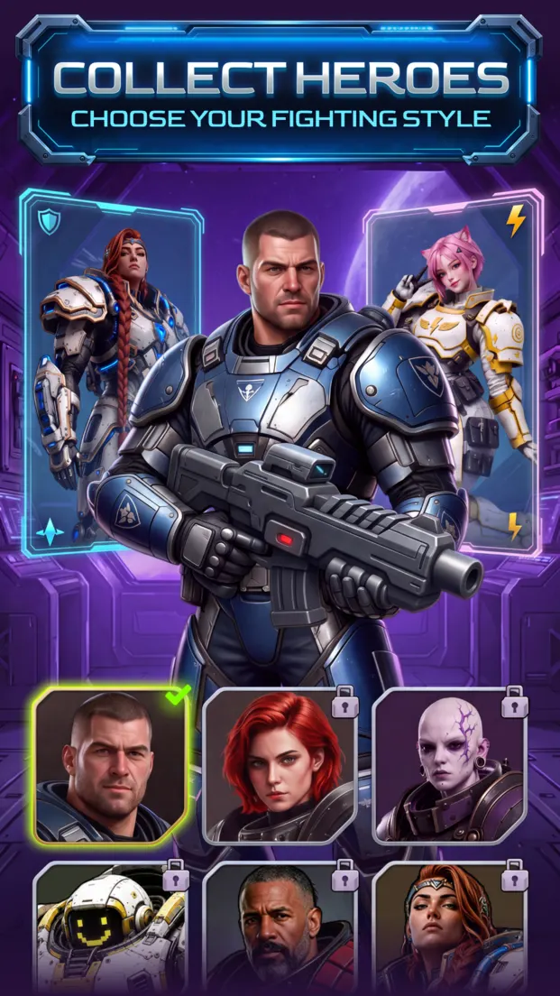 Store screenshot captioned Collect heroes, choose your fighting style: a hero selection screen with the marine in front and a grid of hero portraits.